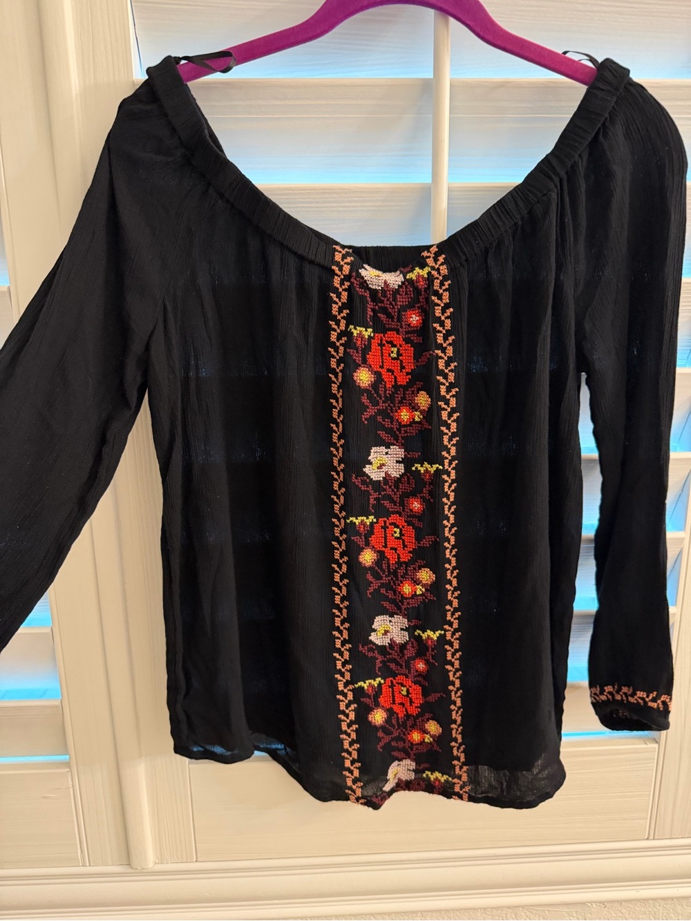 Old Navy Black Peasant Blouse with Multicolor Floral Embroidery